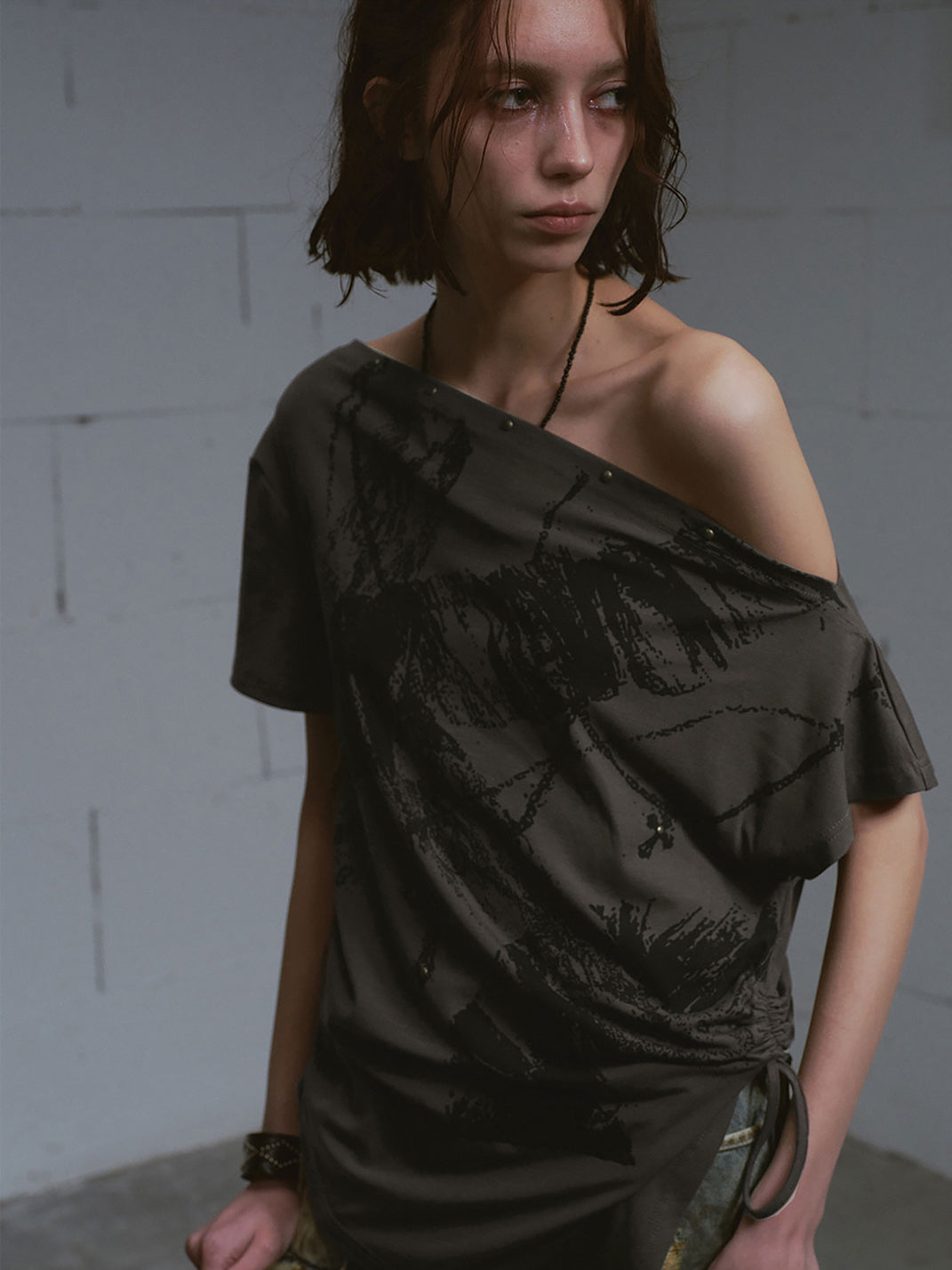 CestNous|Off Shoulder Drawstring Oversize Print Tee-Gray - PSYLOS 1, CestNous|Off Shoulder Drawstring Oversize Print Tee-Gray, T-Shirt, CestNous, PSYLOS 1